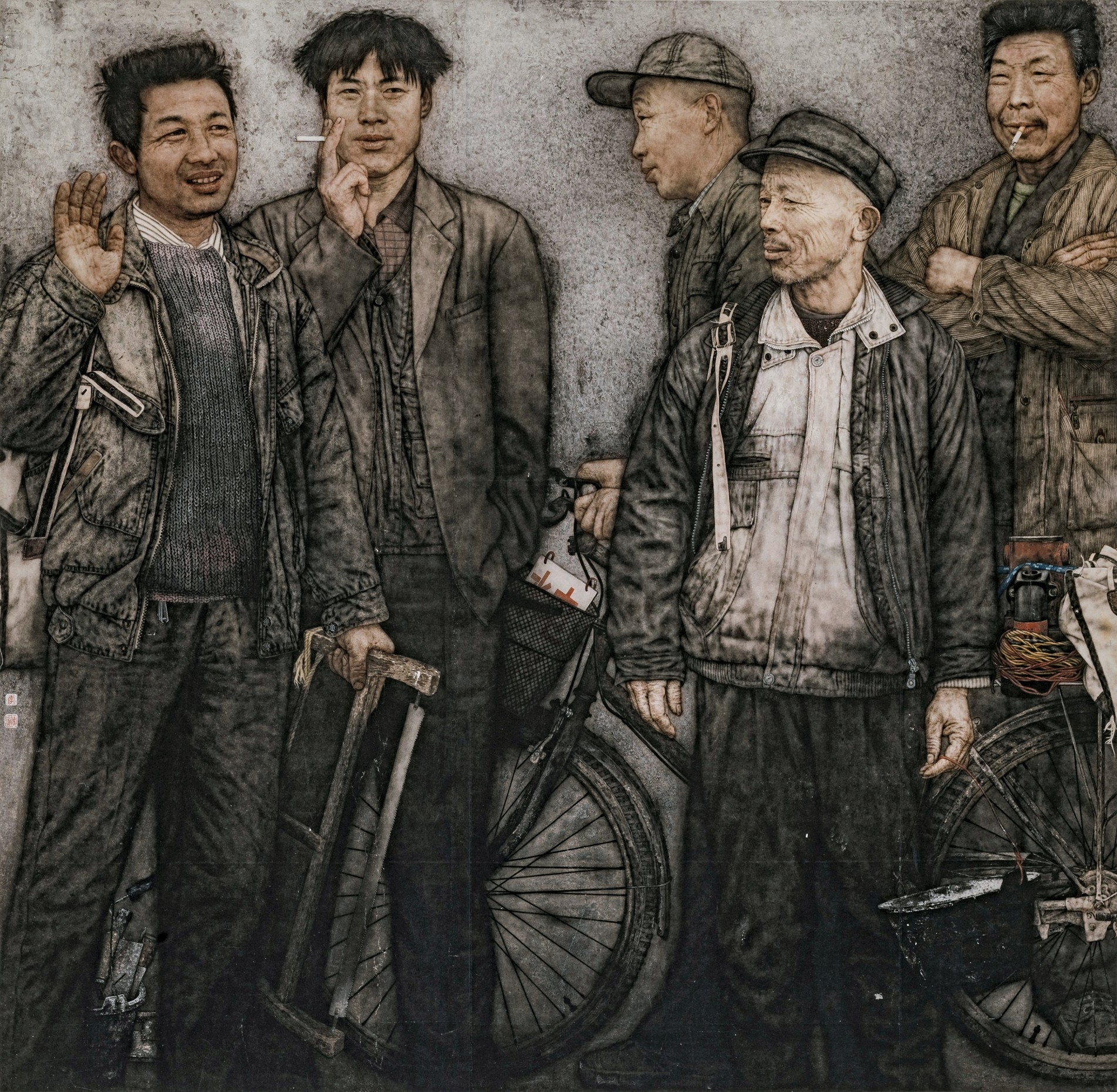 <h2>民工图</h2><p>作者：李传真</p><p>创作年代：2007年</p><p>规格：190cm×200cm</p><p>品类：纸本设色</p>